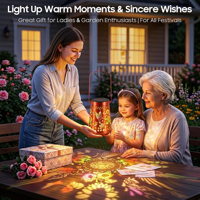 4 Pack Solar Lanterns Outdoor Waterproof Birthday Gifts for Women Mom | Colorful Hollow Metal Sunflowers Butterflies Hummingbirds Lantern, 2 Modes Hanging Solar Lights for Gardens, Patios Decor