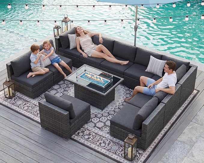 BULEXYARD 11 Piece High Back Patio Furniture Set with Fire Pit Table, Luxury Comfy Deep Wide Seat Outdoor Sectional Sofa, All-Weather Wicker Modular Conversation Couch 10-Seats for Backyard, Dark Grey