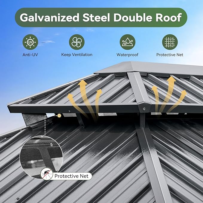 Aoxun 12Ft X 16Ft Hardtop Gazebo, Aluminum Metal Outdoor Gazebo with Breathable Netting and Curtains, Galvanized Steel Double Top, Permanent Patio Pavilion for Backyard, Wedding, Party