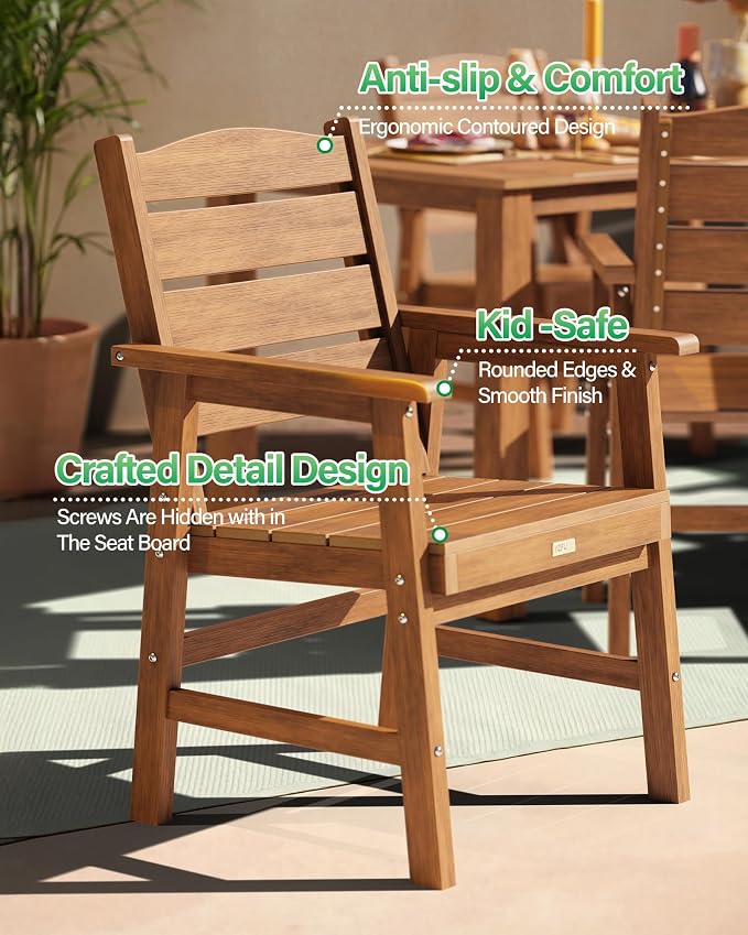 YEFU Patio Dining Chairs Set of 2： Modern All Weather Outdoor Dining Chairs - HIPS Plastic Patio Outdoor Chairs Waterproof Easy-Clean - Patio Furniture for Poolside Garden Yard(Teak)