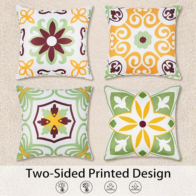 Pyonic Sage Green Outdoor Pillows Waterproof Throw Pillow Covers Set of 4 | Floral Printed and Boho Farmhouse Outdoor Pillow Covers for Patio Funiture Garden 18x18 Inch