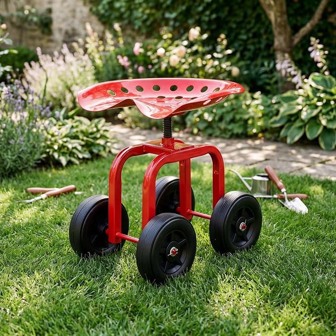 Goplus Garden Cart with Wheels, Utility Stool Cart w/Adjustable 360 Degree Swivel Seat, Outdoor Lawn Yard Rolling Work Seat, Garden Scooter for Planting (Red)