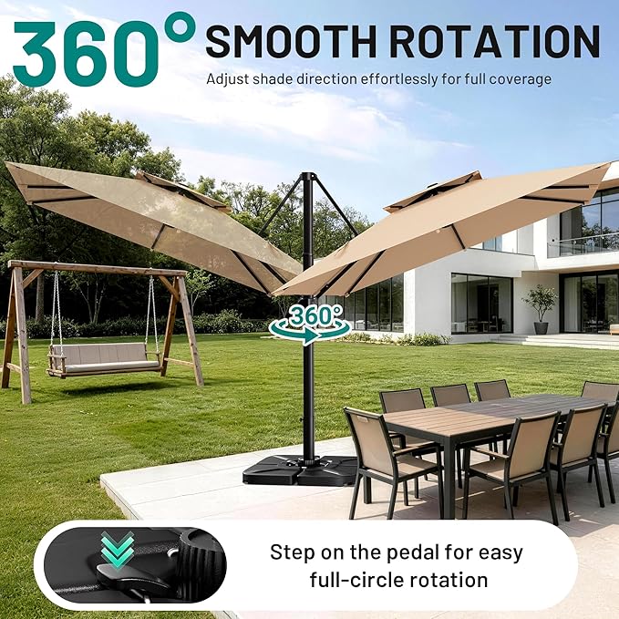 AreShark 10×10FT Double-Top Cantilever Patio Umbrella, Square Offset Umbrella with 360 Degree Rotation, Heavy Duty Patio Umbrella for Garden Deck Pool, 5 Tilt Angles, Beige