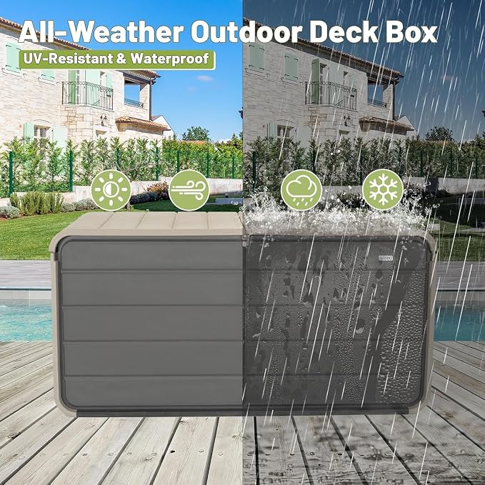 160-Gallon Heavy-Duty Resin Outdoor Storage Box–Large Deck Boxes Outdoor Waterproof,UV-Resistant Cabinet for Patio Furniture,Tools & Pool Supplies, Lockable, Hydraulic Lid(Multi-Purpose Bench/Table)