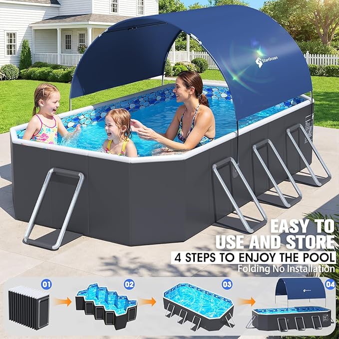 StarOcean Foldable Pool with Canopy,Non Inflatable Pool,Large Foldable Swimming Pool for Adult Portable Pool,Large Collapsible Kid Pool with Shade,Folding Kid Pool for Backyard,90x50x19 in-Dark Blue
