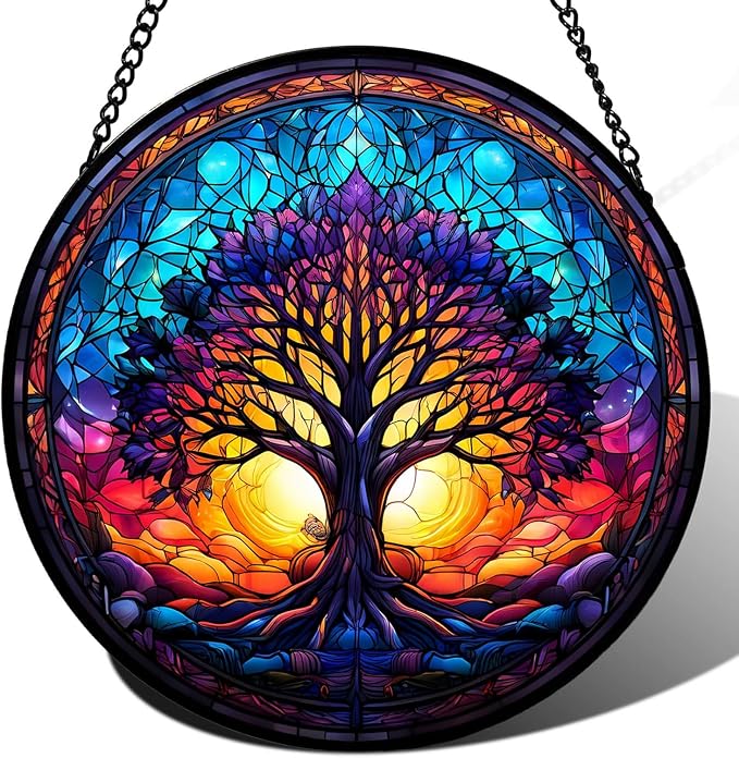 Tree of Life Suncatcher Stained Glass Window Hanging | 7.9 in, Catcher, Garden Decor