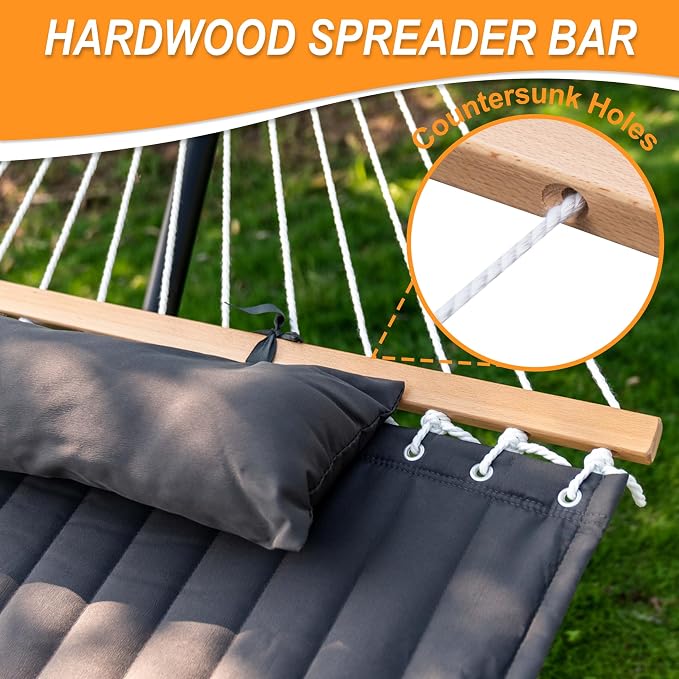 Lazy Daze Quilted Fabric Hammock with 12-Foot Stand, Double 2-Person Hammock with Pillow for Outdoor Outside Patio, Garden, Backyard, 450LB Capacity, Gray