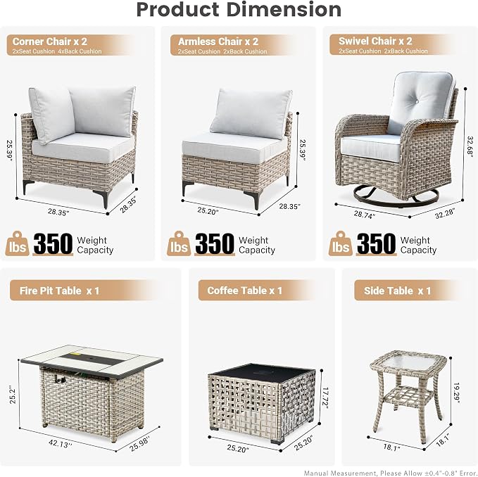 Outdoor Patio Furniture Sets,9 PCS Patio Conversation Set Outside Rattan Sectional Sofa with 42 in Square Fire Pit Table Wicker Rocking Chair Coffee Table Fit Backyard Garden Poolside Balcony