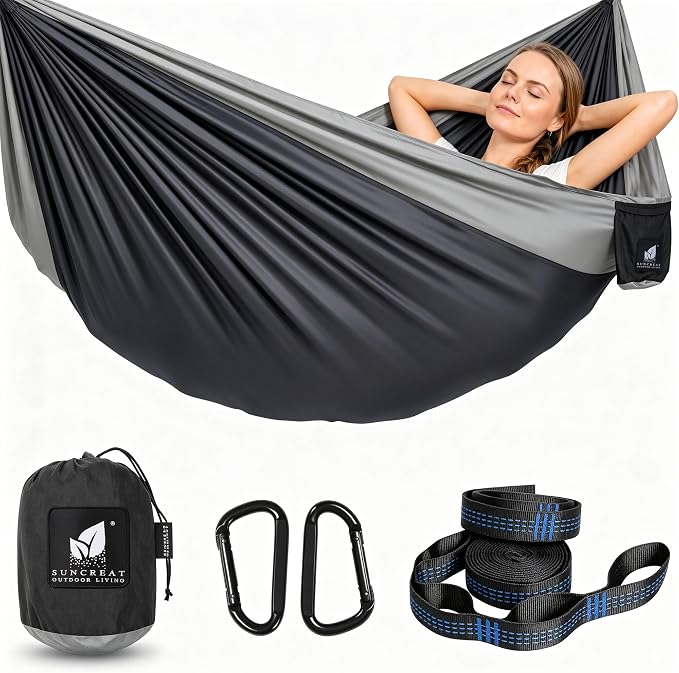 SUNCREAT Camping Hammock – up to 450lbs Portable Hammock with Tree Straps - Travel, Backpacking, Hiking, Black