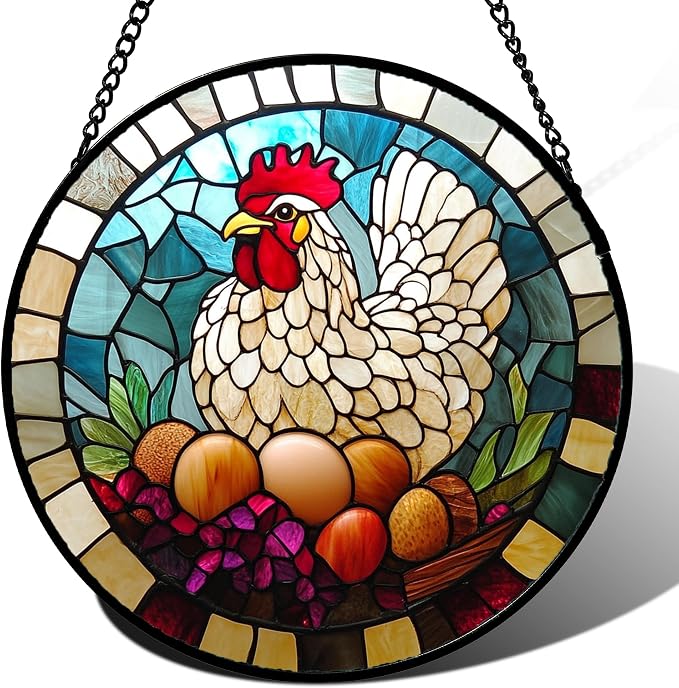 DASTOLL Stained Glass Window Hanging White Chicken Hatching Eggs Large 15" - Suncatcher Door Garden Sunroom Sun Catcher Home Decor Birthday Christmas for Mom Men Woman Nana