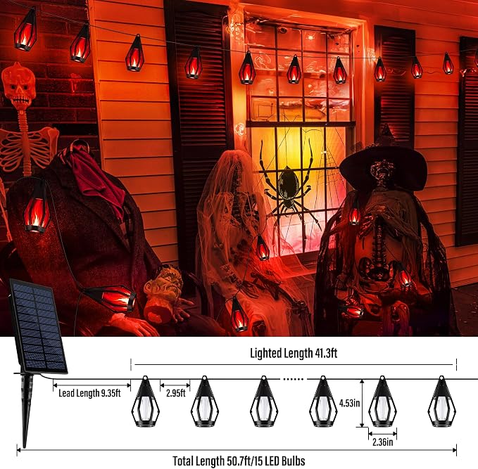 iBaycon 42FT 15 LED Solar Flame Halloween String Lights Outdoor, Red | Ultra-Real Flickering Flame Lamp Outdoor Waterproof, Solar Patio String Lights for Garden Yard Lawn Halloween Decorations