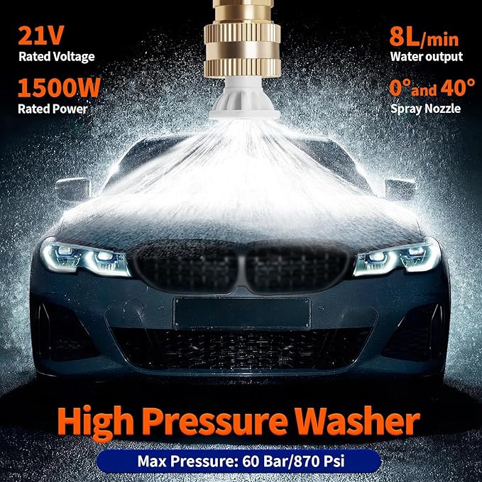 Cordless Portable Washer, 1500w Battery Operated Washer, 60Bar/870 PSI Cordless Washer with 12 Accessories, Lightweight Car Washer Gun for Cars/Floors/Gardens