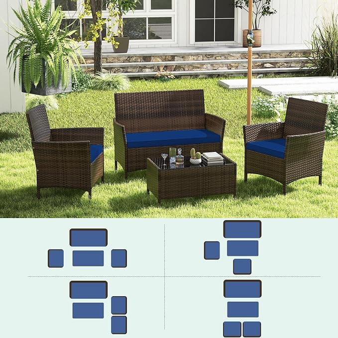 RELAX4LIFE 8-Piece Patio Furniture Set - Rattan Outdoor Conversation Bistro Set w/Cushions, Glass Coffee Table, Wicker Chairs & Loveseat for Garden Backyard Porch, Balcony Furniture Set (2, Navy)