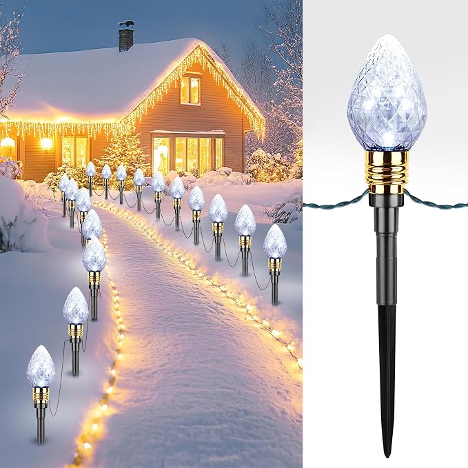 2 Pack Strawberry C9 Christmas Pathway Lights Outdoor, Total 34.8FT 20 LED | Connectable Christmas Walkway Light, Waterproof Christma Lights Outdoor Decorations for Yard Lawn Holiday Outside, Pure White