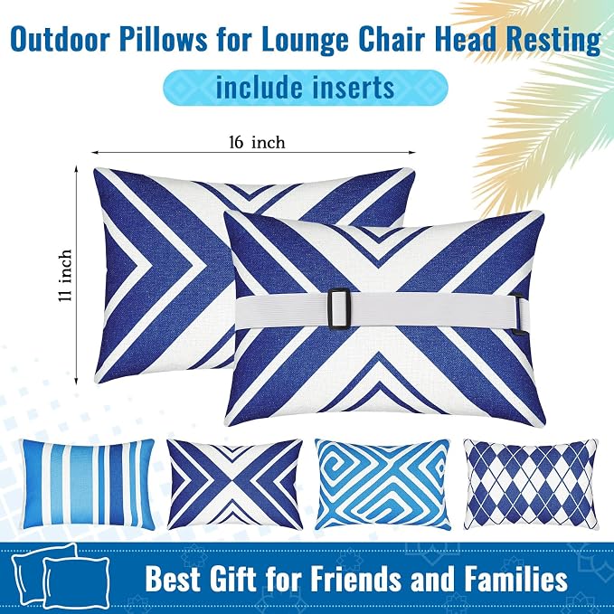 Juexica 4 Pack Chaise Lounge Headrest Pillow, Decorative Outdoor Patio Neck Headrest Pillow, Adjustable Elastic Strap & Insert, Waterproof for Pool Recliner Hammock Beach Chair(Blue & White, Stylish)