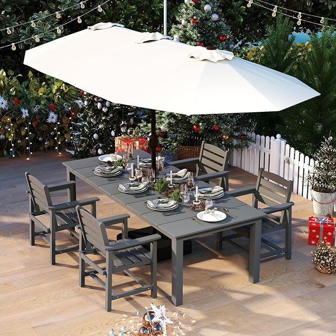 5-Piece Grey Outdoor Dining Set with White 15FT Large Patio Umbrella, 75.2'' HDPE Table & Chairs for 8, Weather-Resistant Furniture with Umbrella Hole for Patio, Lawn, Poolside
