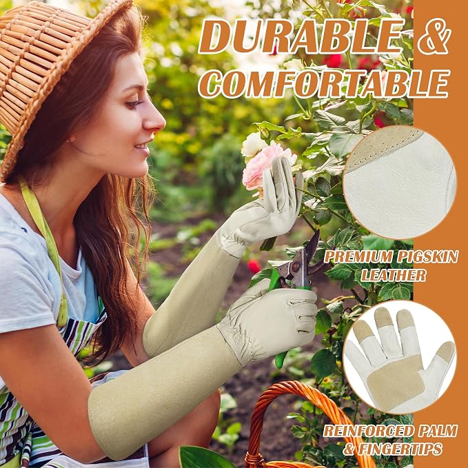HANDLANDY Rose Pruning Gloves for Men Women, Thorn Proof Gardening Gloves | Long Leather Gardening Gloves, Breathable Leather Gauntlet, Best Garden Gifts & Tools for Gardener (Beige, M)