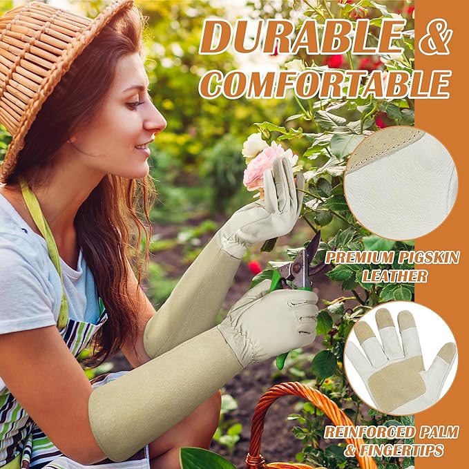 HANDLANDY Rose Pruning Gloves for Men Women, Thorn Proof Gardening Gloves | Long Leather Gardening Gloves, Breathable Leather Gauntlet, Best Garden Gifts & Tools for Gardener (Beige, XL)