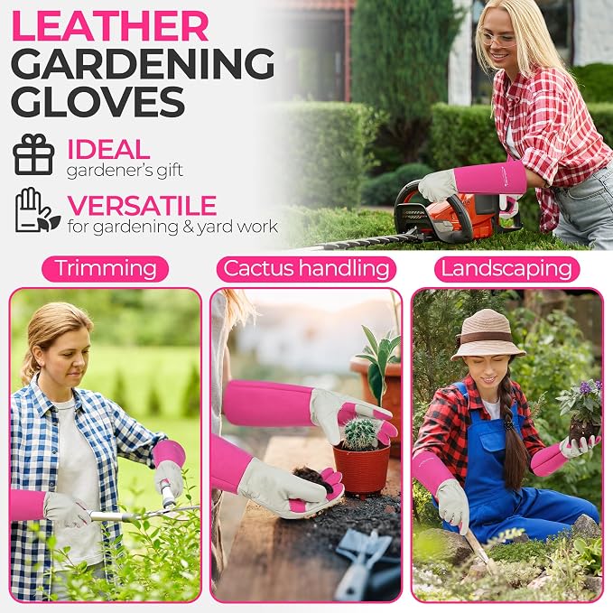 HANDLANDY Rose Pruning Gloves for Men Women, Thorn Proof Gardening Gloves | Long Leather Gardening Gloves, Breathable Leather Gauntlet, Best Garden Gifts & Tools for Gardener (Pink, L)