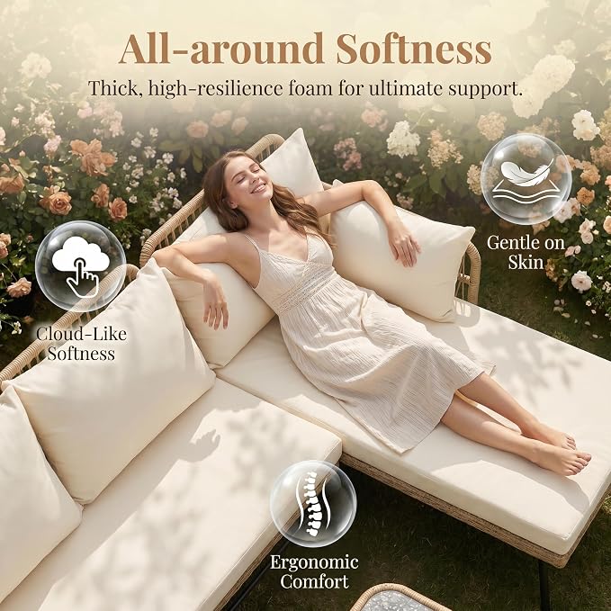 BULEXYARD 5 Pcs Boho Outdoor Patio Furniture Sets, L Shaped Natural Color Wicker Conversation Sectional Sofa w/Cozy Beige Cushion, Outdoor Chairs w/Coffee Table for Backyard Porch Deck