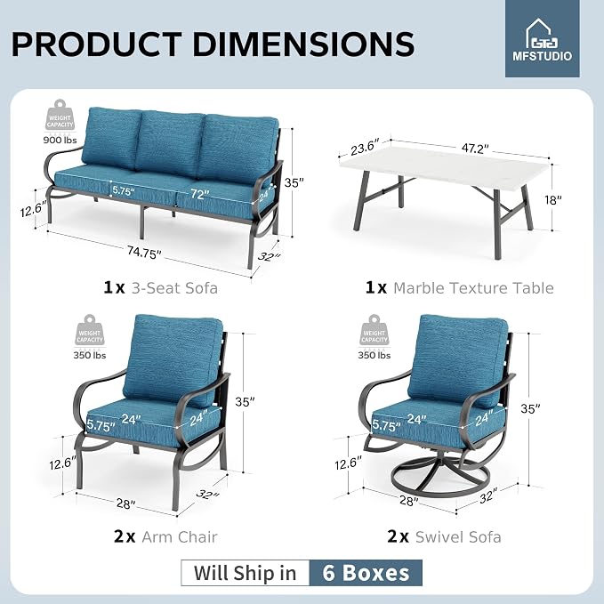 MFSTUDIO 6 Pieces Metal Patio Furniture Sets, 2 Swivel Chairs, 3-Seat Loveseat Sofa, 2 Patio Chairs & 1 Marbling Coffee Table, All Weather 7 Seats Outdoor Conversation Set for Garden, Peacock Blue
