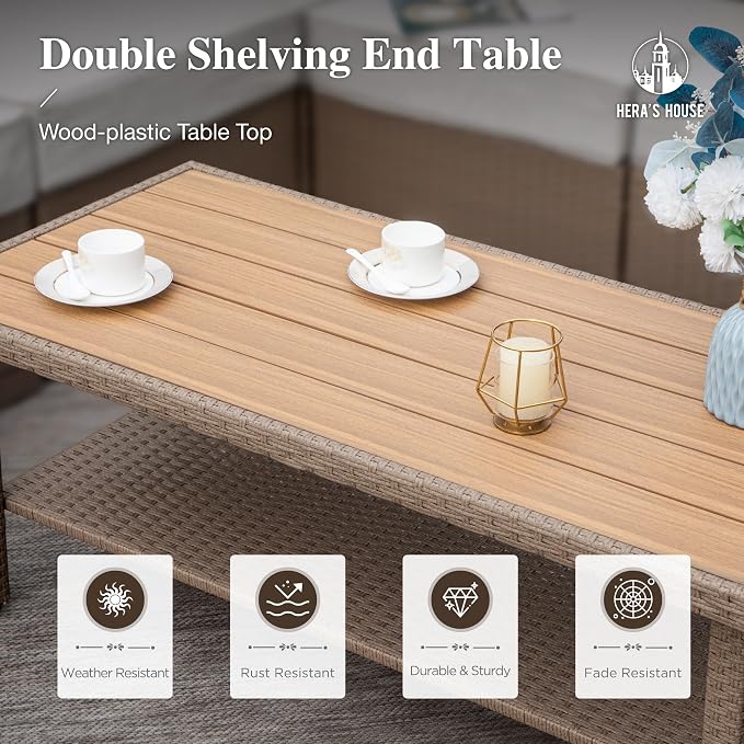 HERA'S HOUSE Patio Furniture Set, 4 x Cushioned Chairs, 3-Seat Sofa with Wood Grain Coffee Table, 5 Seats Luxury Windsor Style All Weahter Outdoor Sofa Conversation Set for Deck Lawn Backyard