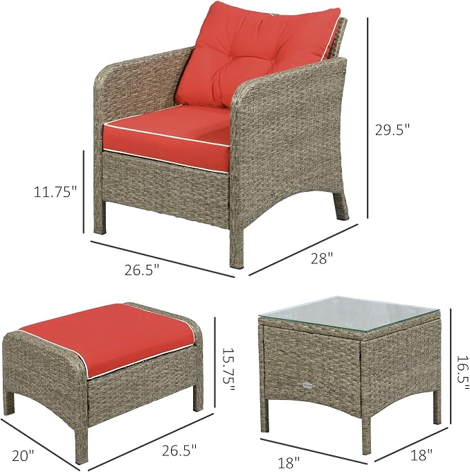 Outsunny 5 Pieces Rattan Wicker Lounge Chair Outdoor Patio Conversation Set with 2 Cushioned Chairs, 2 Ottomans and Tempered Glass Top Coffee Table, Brown/Red