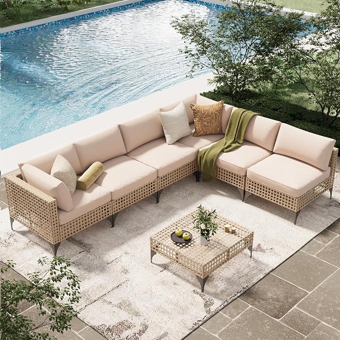 AECOJOY 7-Piece Patio Outdoor Furniture Set with Tea Table, Boho Outdoor Sectional Furniture Sofa PE Rattan Wicker Conversation Set, Light Brown Rattan&Beige Cushions