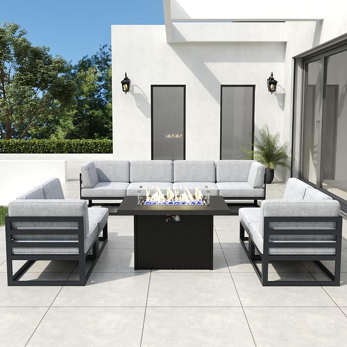 9 Pieces Aluminum Patio Furniture Set with Propane Gas 44" Fire Pit Table, Metal Outdoor Conversation Sofa Set with Seating Cushions