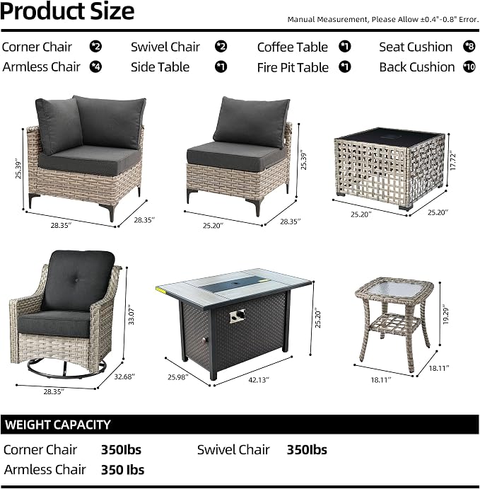 CAODOC 11 Pieces Outdoor Patio Furniture Set, Rattan Wicker Sectional Swivel Rocker Chairs Sets with Fire Pit, Swivel Glider Chairs, and Solar Powered Table