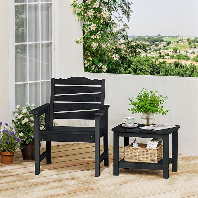 Patio Chairs Set, 3 Pieces Weatherproof HIPS Outdoor Furniture, Patio Chairs Conversation Sets with Side Table for Garden Porch Lawn & Backyard (Black)