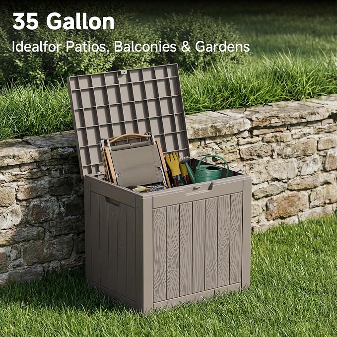 PatioZen 35 Gallon Outdoor Deck Box,Waterproof Resin Outdoor Storage Boxes, Outside Storage Lockable Container for Garden Tools,Indooor Cushions,Accessories (Grey)