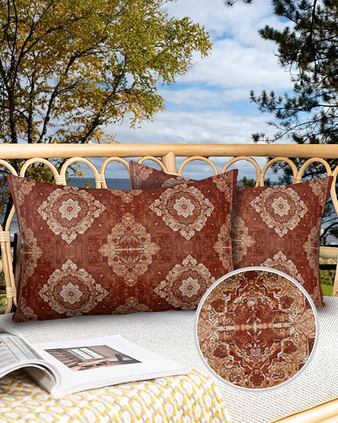 Prime Leader Outdoor Waterproof Pillow Covers Set of 2, Medieval Turkish Patterns Mural Wallpaper Retro Patio Throw Pillow Covers, Decorative Cushion Case for Couch Sofa Furniture Garden, 20x12 Inch