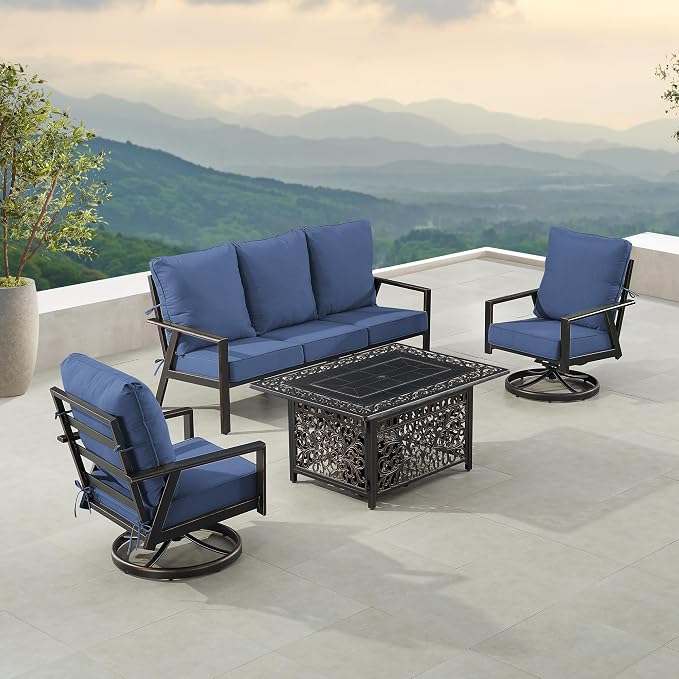 Oakland Living Black Aluminum Patio Fire Table Set with Deep Seating Sofa with Cushion and Two Club Chairs with Blue Cushions