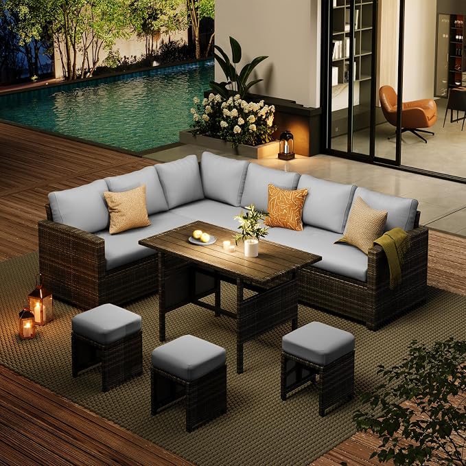 AECOJOY Outdoor Patio Furniture Set with Waterproof Cover, 7 Pieces Clearance Sectional Rattan Dining Table&Chairs, All Weather Wicker Conversation Sofa Couch, Light Grey Cushions&Grey Rattan