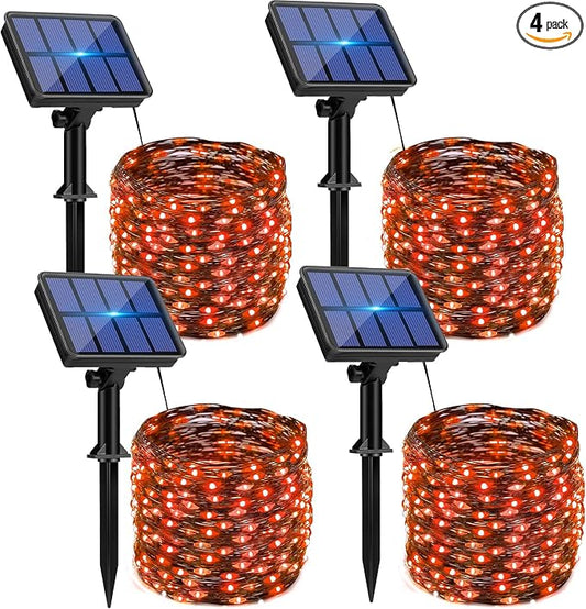 4 Pack Solar Halloween String Lights Outdoor - 320LED 132FT Orange Solar Fairy Lights Outside Waterproof, 8 Modes Solar Powered Twinkle Lighting Decorations for Tree Garden Yard Spooky Patio Party