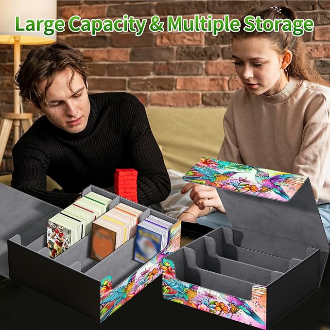 Card Deck Box for MTG, Cards Storage Box Fits 120+ Sleeved, Leather Big Size Strong Magnetic Closing Case for Board Games Magic TCG CCG Baseball Collection Women Man, Four Birds Flowers