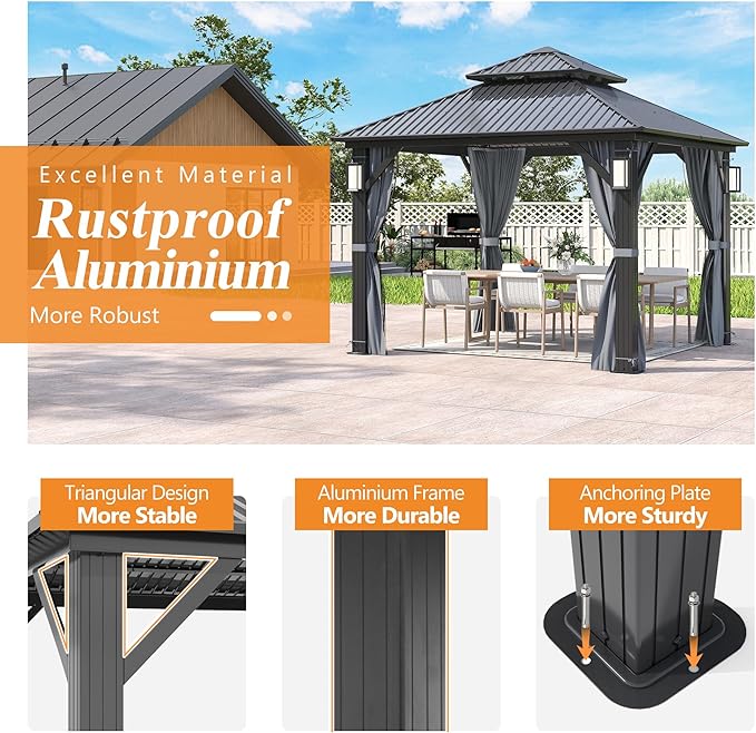 GARTOO 10'x10' Outdoor Hardtop Gazebo with Double Roof - Heavy-Duty Steel Top Aluminum Frame Gazebo with Solar LED Light, Breathable Netting & Privacy Curtain for Patio, Porch, Garden, Backyard