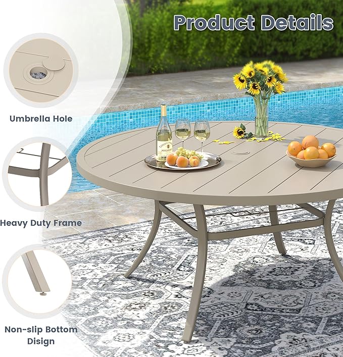 VICLLAX 11 Pieces Patio Outdoor Dining Set, 63" Round Metal Table with Umbrella Hole and 10 Stackable Textilene Chairs for Patio, Lawn, Garden, Porch, Sandshell