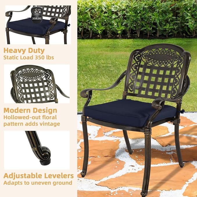 9-Piece Patio Furniture Dining Set, All Weather Cast Aluminum Outdoor Conversation Set- 61" Round Patio Dining Table with Detachable Lazy Susan & 8 Chairs, 2" Umbrella Hole, Navy Blue