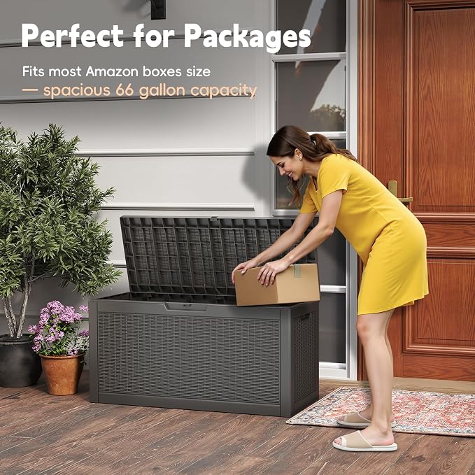 66 Gallon Outdoor Deck Box - Lockable Waterproof Storage Container, Resin Weatherproof Box for Patio Garden Furniture Pool Tools Cushions, Black