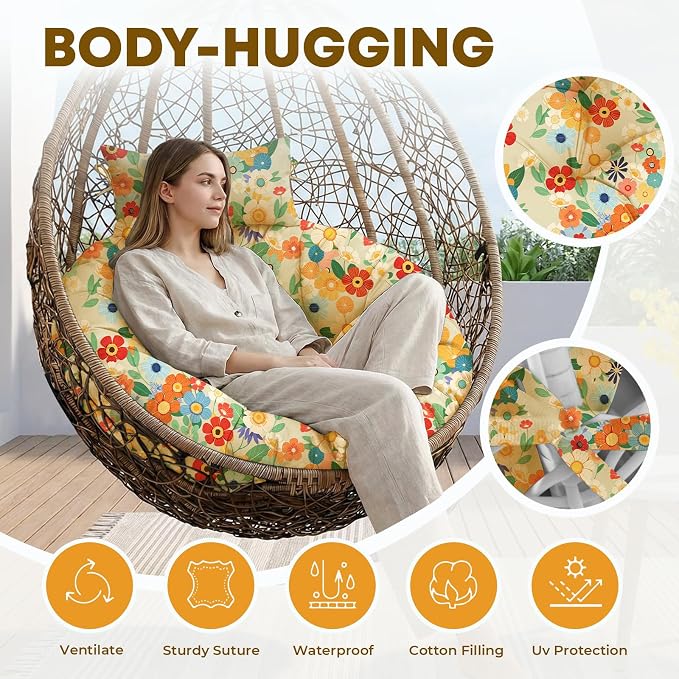 Outdoor 45" Round Egg Chair Cushion Replacement Waterproof Yellow Daisy | Thicken Pad with Headrest Pillow, Hanging Swing Wicker Egg Chair Cushions, Suitable for Garden Office