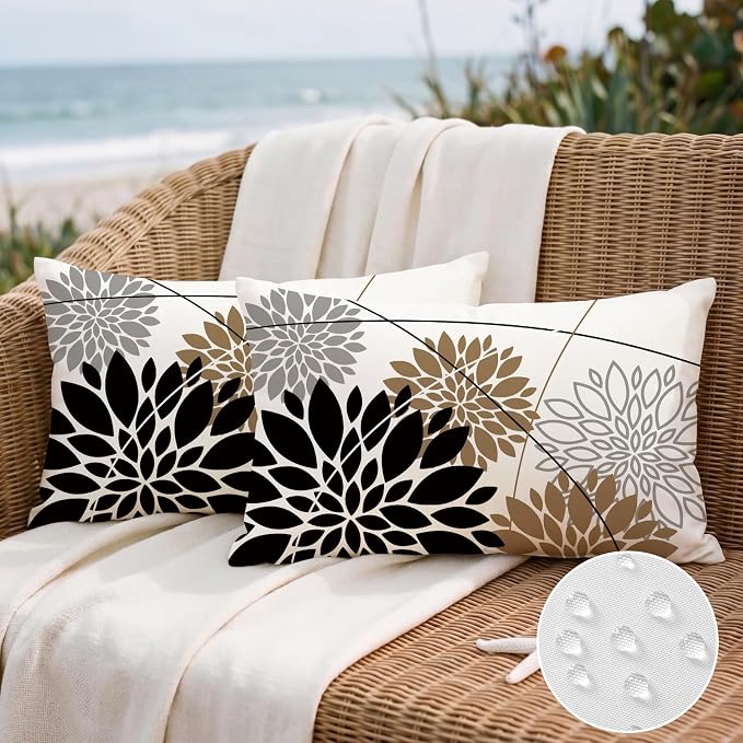 OTOSTAR Outdoor Black Brown Pillow Covers 12x20 Inch Set of 2 Light Brown Flower Throw Pillows Farmhouse Geometric Dahlia Floral Lumbar Cushion Case Waterproof Decor for Sofa Patio Funiture Garden