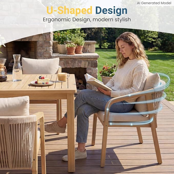 Wisteria Lane 7 Pieces Acacia Patio Dining Set for 6, Patio Dining Table and Chairs Set with Cushion, Modern Outdoor Dining Furniture Set for Lawn Backyard Garden Deck, Beige