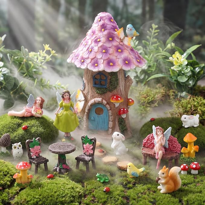 60 Pcs Solar Fairy Garden House Resin Kit | with Lighted Cottage Miniature Fairy Garden Accessories Set for Outdoor Patio Yard Planter Decor DIY Fairy Garden Kit (Fairy)
