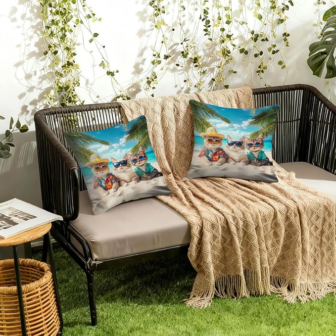 20x20 Inch Outdoor Pillow Covers Set of 2 Waterproof Throw Pillow Covers Decorative Couch Cushion Covers Beach Cats Sea Square Pillowcases Protectors for Patio Garden Sofa