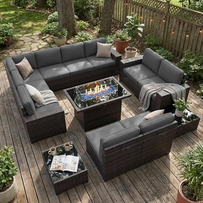 LayinSun 13 Pieces Outdoor Patio Furniture Set with 44" Fire Pit Table Brown Rattan Sectional Sofa Conversation Sets