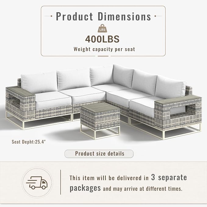 6-Piece Outdoor Patio Furniture Set, Gray PE Wicker Outdoor Sectional Sofa with Storage Armrests & 5.5" Thick Cushions, L-Shaped Couch for Deck, Porch, Backyard, Ivory White