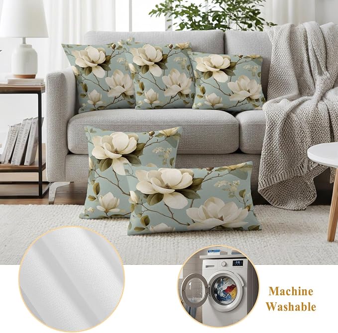 Vintage Floral Outdoor Pillow Covers 26"x26" Set of 2, Magnolia Flowers Branches Rustic Botanical Teal Waterproof Throw Pillow Covers for Patio Furniture, Decorative Cushion Covers for Porch