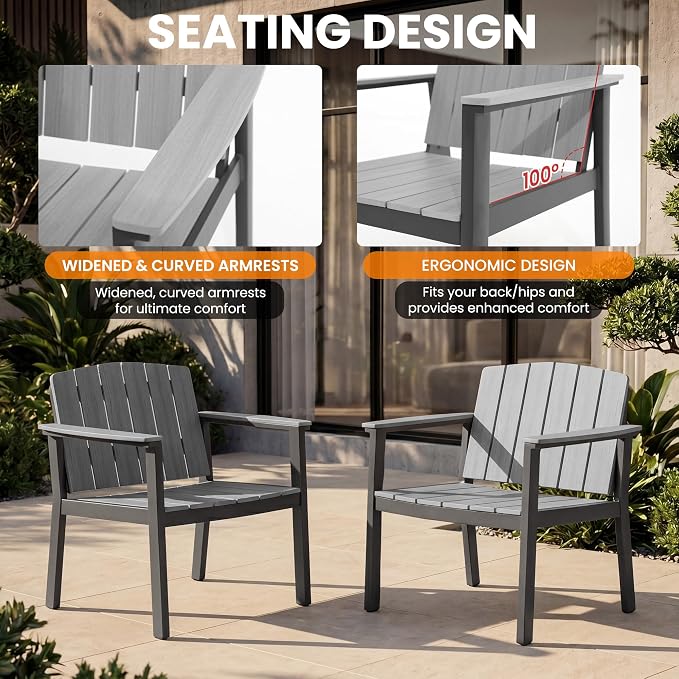 Aluminum Patio Furniture Set, Outdoor Furniture Set 5 Pieces Aluminum Frame HDPS Faux Wood, All Weather Conversation Set for Backyard, Garden, Poolside Grey
